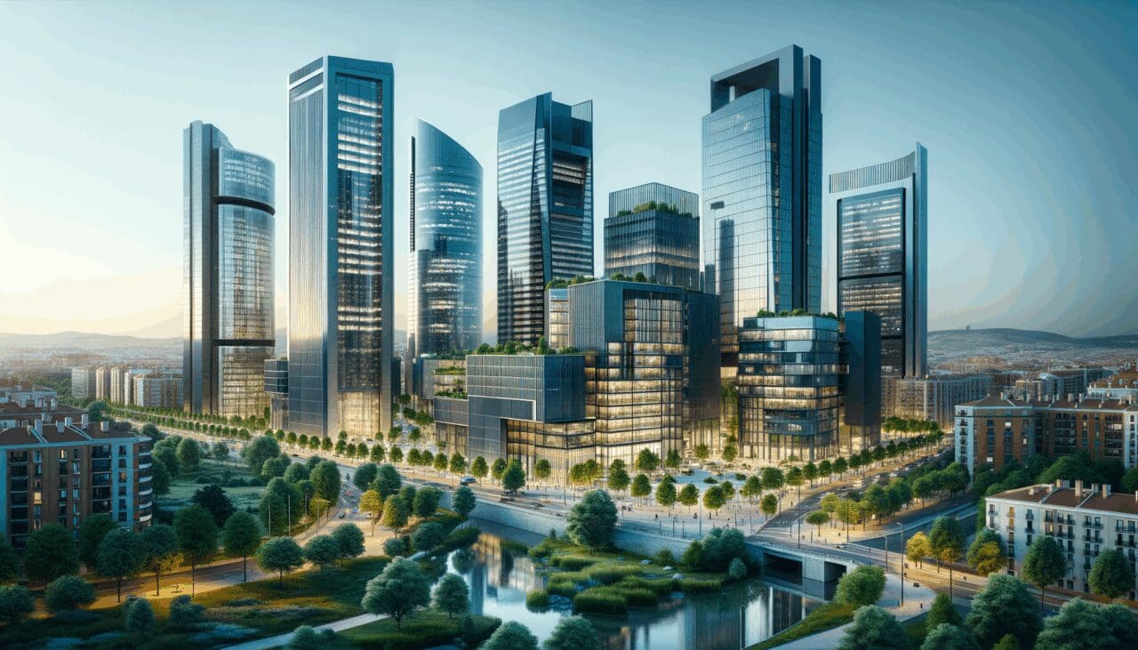 Edificios modernos en Madrid con áreas verdes, reflejando un ambiente empresarial dinámico y tecnológico.