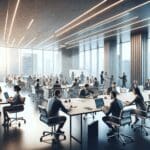Sala de conferencias moderna con emprendedores y equipos tecnológicos colaborando.