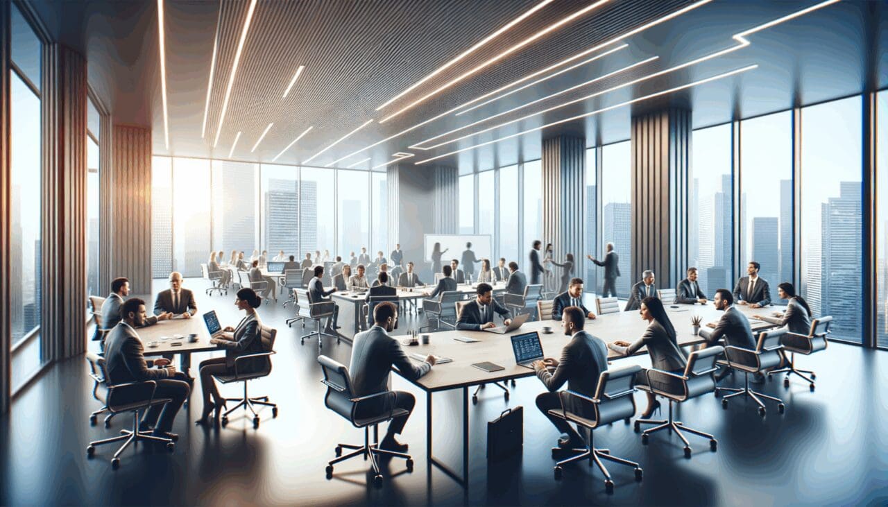 Sala de conferencias moderna con emprendedores y equipos tecnológicos colaborando.