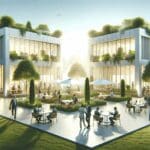 Dos centros de innovación rodeados de áreas verdes con emprendedores conversando al aire libre.