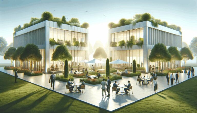 Dos centros de innovación rodeados de áreas verdes con emprendedores conversando al aire libre.