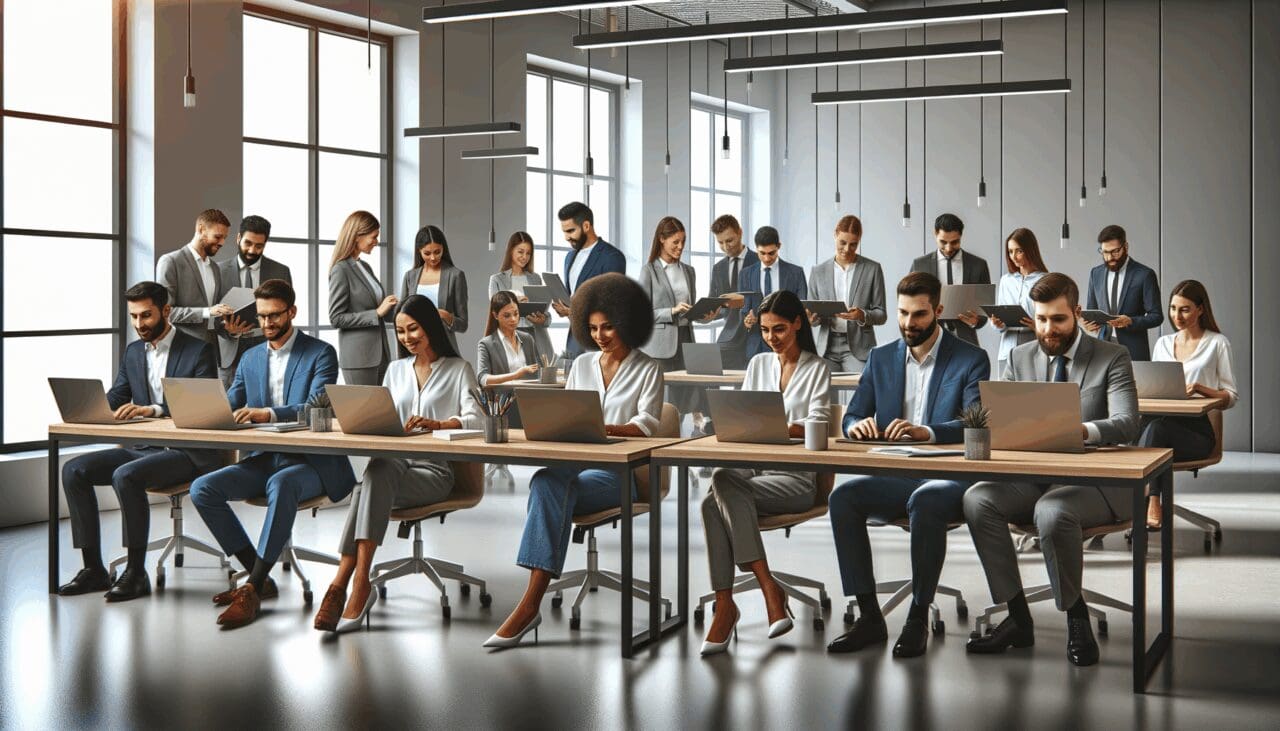 Oficina moderna con un equipo diverso de emprendedores colaborando en laptops, fondo neutro, ambiente innovador.