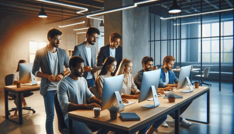 Equipo de emprendedores colaborando frente a computadoras en un espacio moderno de coworking.