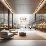 Personas recorriendo un mercadillo en un hotel elegante, mobiliario reutilizado y ambiente moderno.