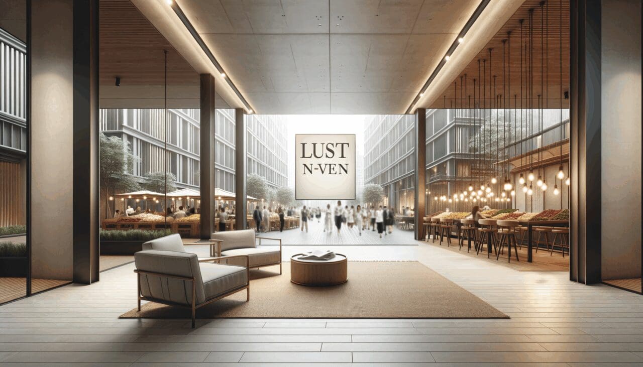 Personas recorriendo un mercadillo en un hotel elegante, mobiliario reutilizado y ambiente moderno.