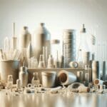 Primer plano de tubos y piezas de silicona reciclada sobre una mesa de laboratorio limpia y luminosa.