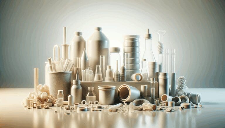 Primer plano de tubos y piezas de silicona reciclada sobre una mesa de laboratorio limpia y luminosa.