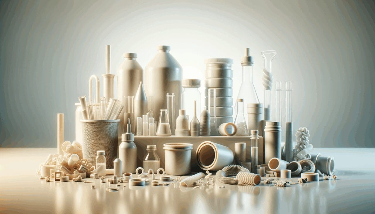 Primer plano de tubos y piezas de silicona reciclada sobre una mesa de laboratorio limpia y luminosa.