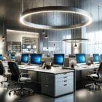 Oficinas modernas con equipos tecnológicos en un entorno corporativo, ambiente digital y profesional.