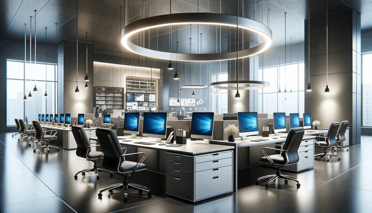 Oficinas modernas con equipos tecnológicos en un entorno corporativo, ambiente digital y profesional.