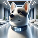 Primer plano de una mascota con collar tecnológico en un entorno moderno y luminoso.