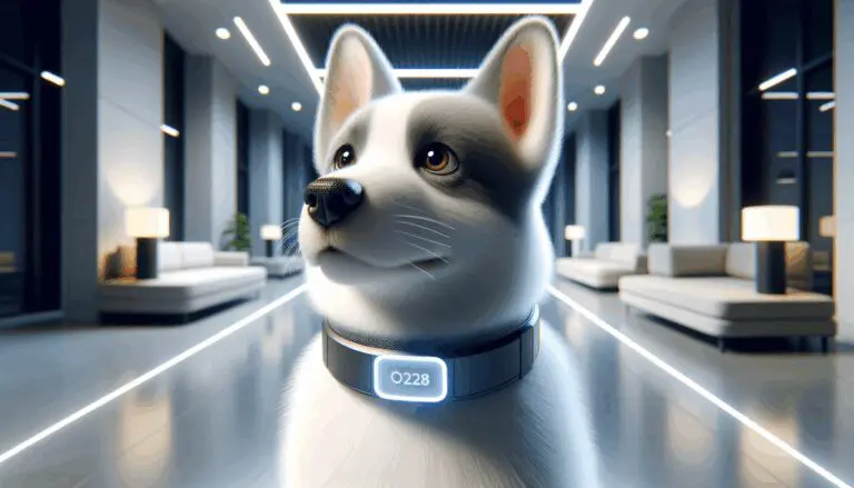 Primer plano de una mascota con collar tecnológico en un entorno moderno y luminoso.