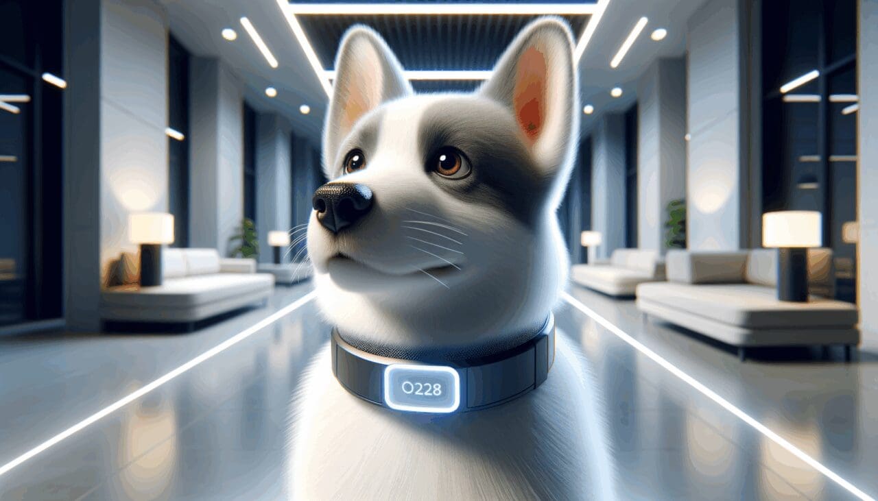 Primer plano de una mascota con collar tecnológico en un entorno moderno y luminoso.