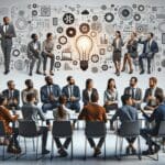 Personas reunidas en un espacio moderno colaborando y discutiendo ideas sobre emprendimiento tecnológico.