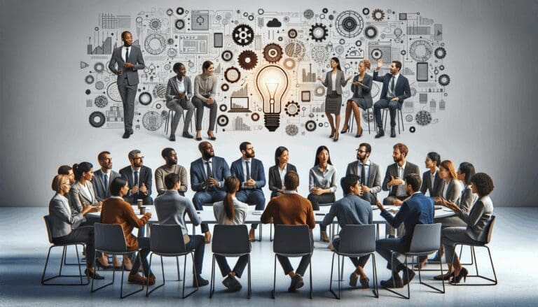 Personas reunidas en un espacio moderno colaborando y discutiendo ideas sobre emprendimiento tecnológico.