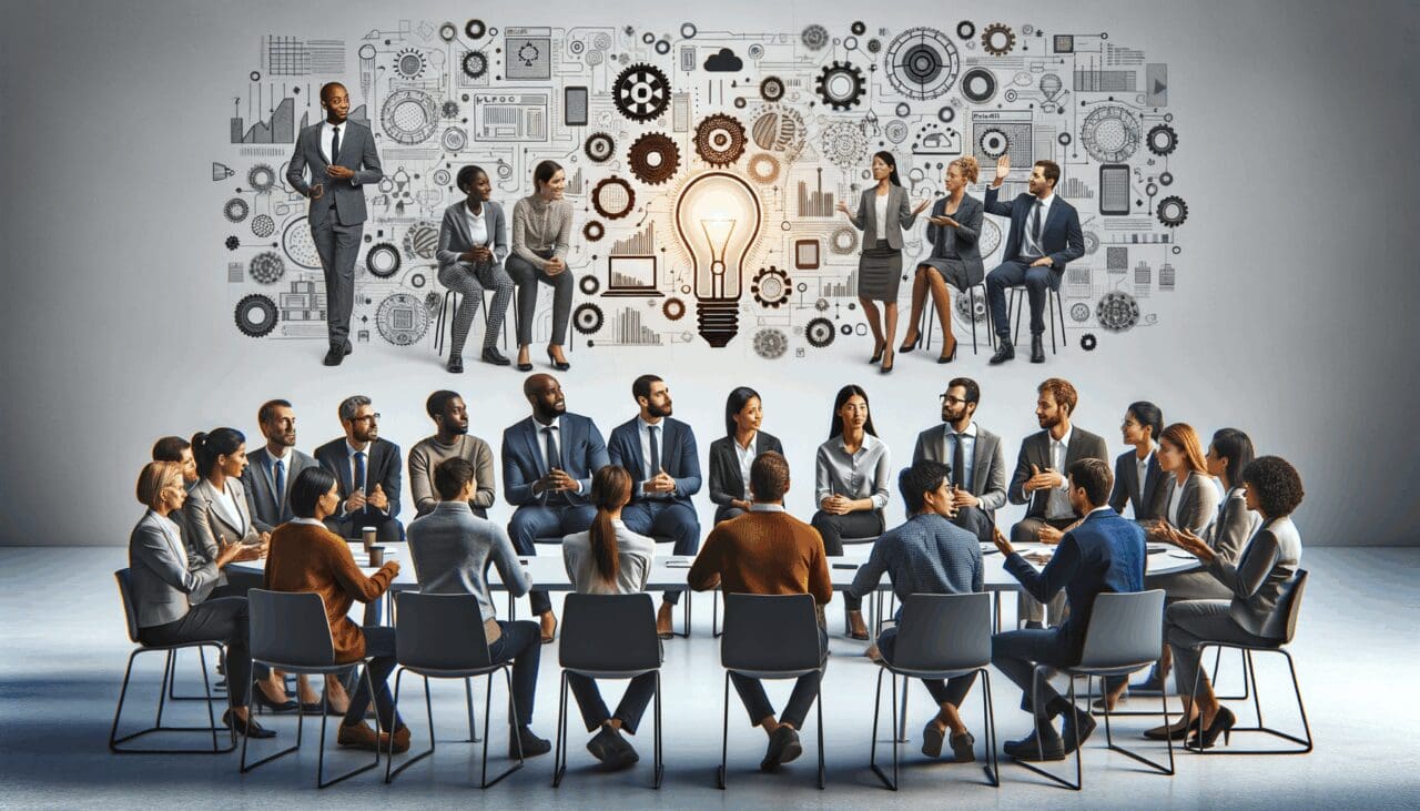 Personas reunidas en un espacio moderno colaborando y discutiendo ideas sobre emprendimiento tecnológico.