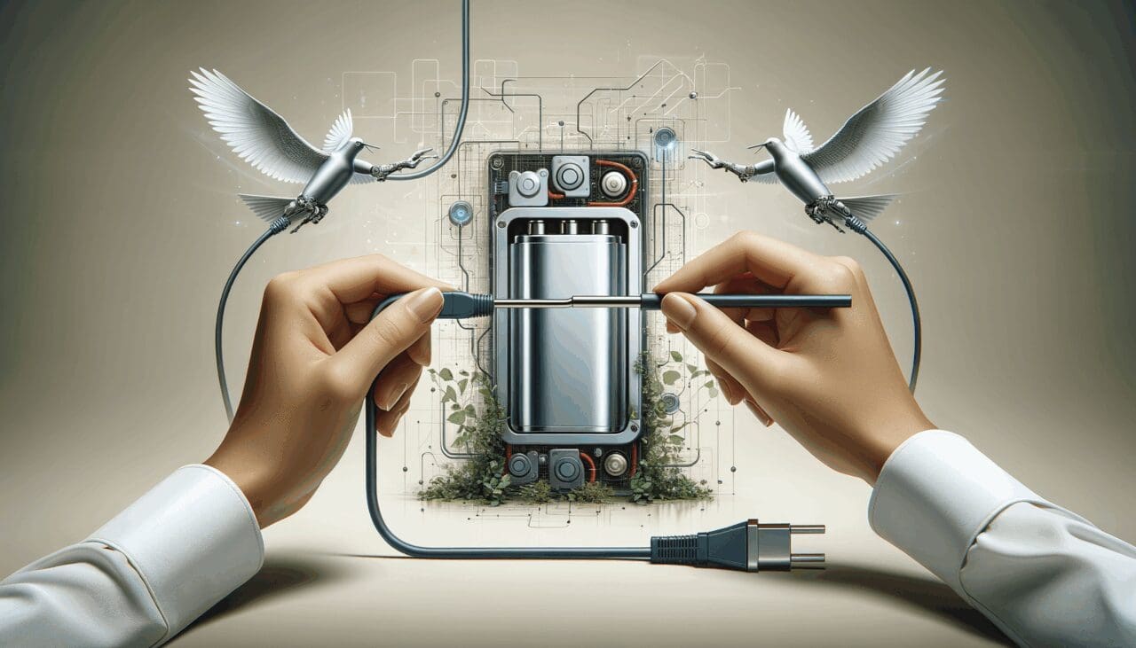 Fotografía de manos conectando una batería avanzada en un entorno tecnológico moderno.