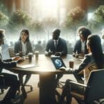 Empresarios discutiendo en una conferencia sostenible, con árboles en el fondo.