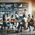 Grupo diverso de jóvenes profesionales colaborando en un espacio de trabajo moderno con pantallas mostrando gráficos tecnológicos.