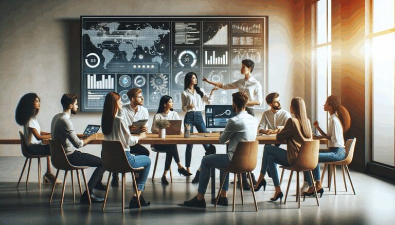 Grupo diverso de jóvenes profesionales colaborando en un espacio de trabajo moderno con pantallas mostrando gráficos tecnológicos.