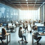 Oficinas modernas con personas trabajando en tecnología, pantallas con gráficos y equipos colaborando.
