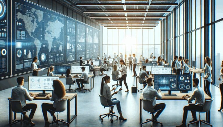 Oficinas modernas con personas trabajando en tecnología, pantallas con gráficos y equipos colaborando.