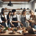 Un grupo de emprendedores trabajando en una cocina moderna y luminosa.