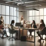 Sala moderna de coworking ocupada por mujeres emprendedoras discutiendo proyectos de tecnología.