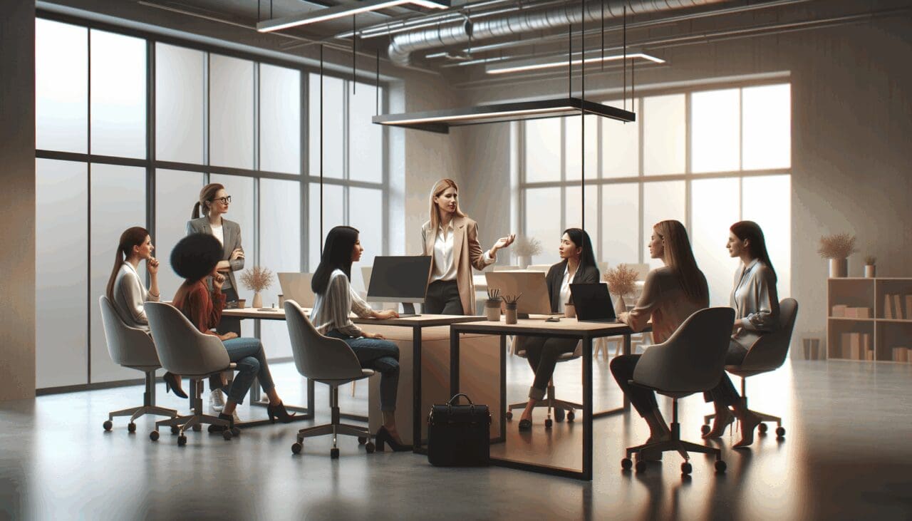 Sala moderna de coworking ocupada por mujeres emprendedoras discutiendo proyectos de tecnología.
