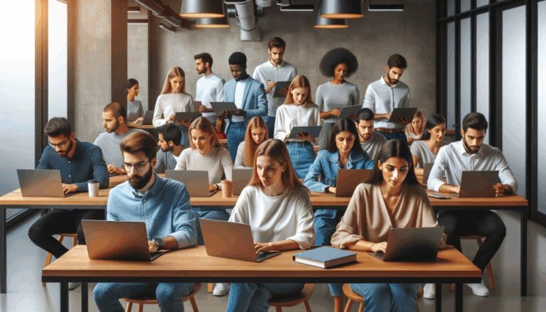 Equipo diverso de jóvenes profesionales analizando datos en laptops en un espacio de coworking moderno.