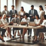 Grupo diverso de emprendedores en una oficina moderna, colaborando alrededor de una mesa con laptops.