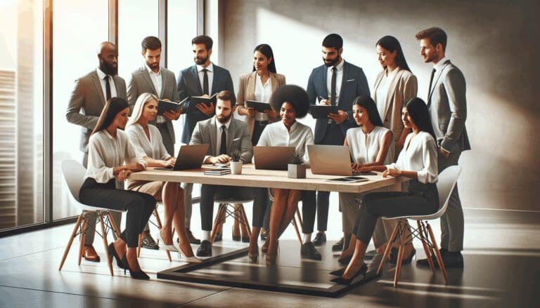 Grupo diverso de emprendedores en una oficina moderna, colaborando alrededor de una mesa con laptops.