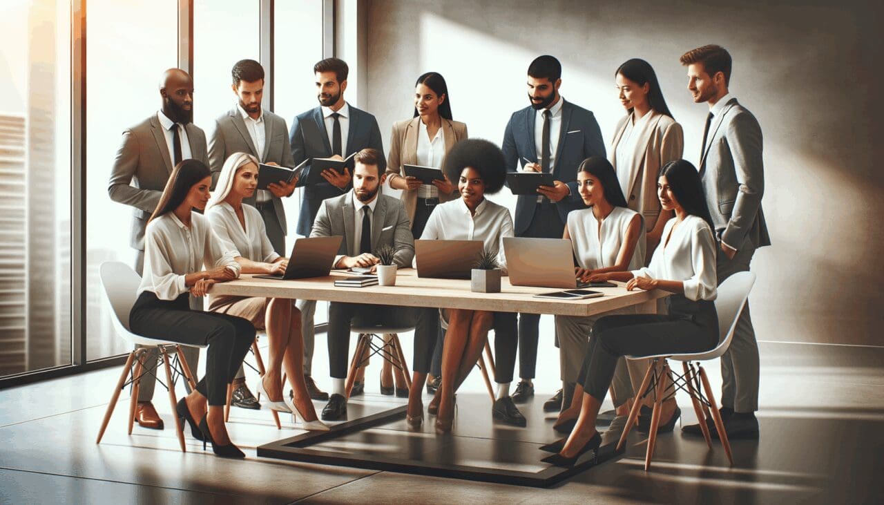 Grupo diverso de emprendedores en una oficina moderna, colaborando alrededor de una mesa con laptops.