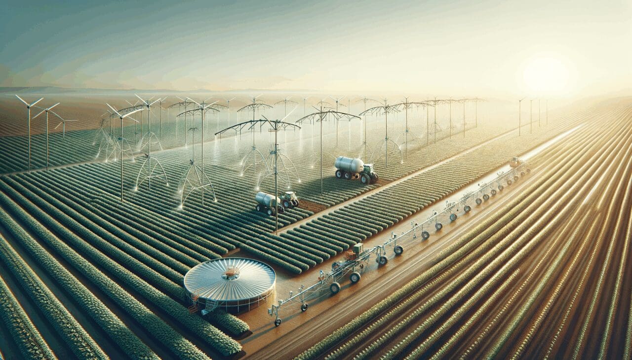 Campo agrícola visto desde arriba, con sensores de riego y equipos tecnológicos sobre cultivos.