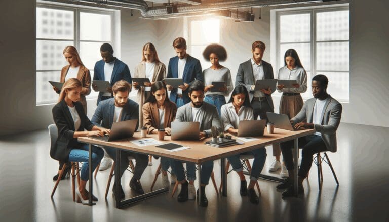 Grupo diverso de emprendedores trabajando en laptops alrededor de una mesa moderna en un coworking iluminado.