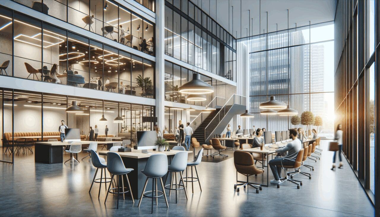 Espacios de coworking modernos y vibrantes en una gran ciudad internacional.