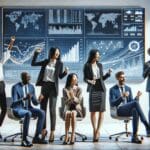 Personas celebrando frente a una pantalla electrónica con números y gráficos, ambiente moderno y profesional