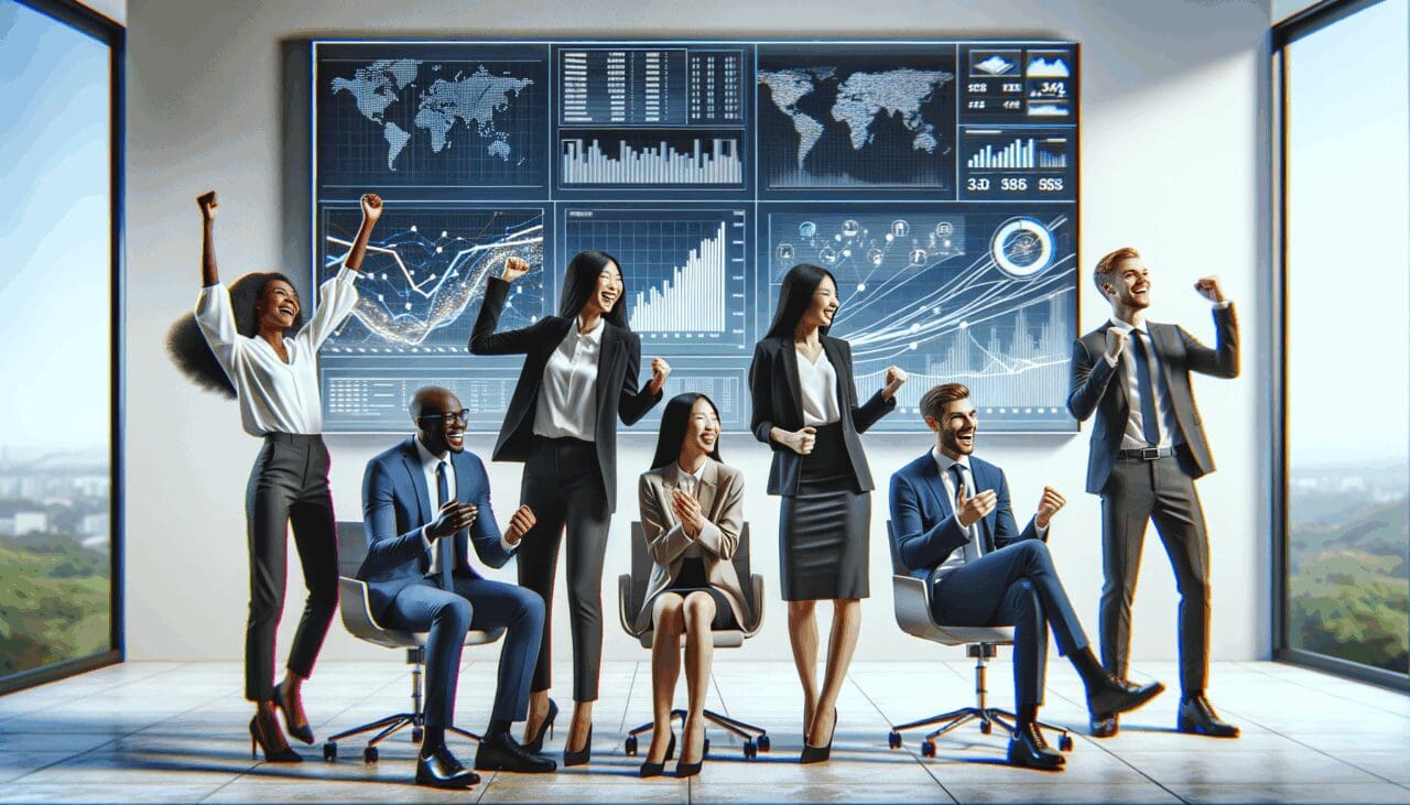 Personas celebrando frente a una pantalla electrónica con números y gráficos, ambiente moderno y profesional