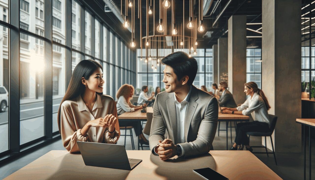 Personas conversan y colaboran en un espacio de coworking moderno, con detalles tecnológicos y luz natural.