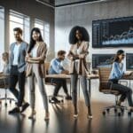 Equipo multicultural colaborando en una oficina moderna con pantallas que muestran gráficos financieros.