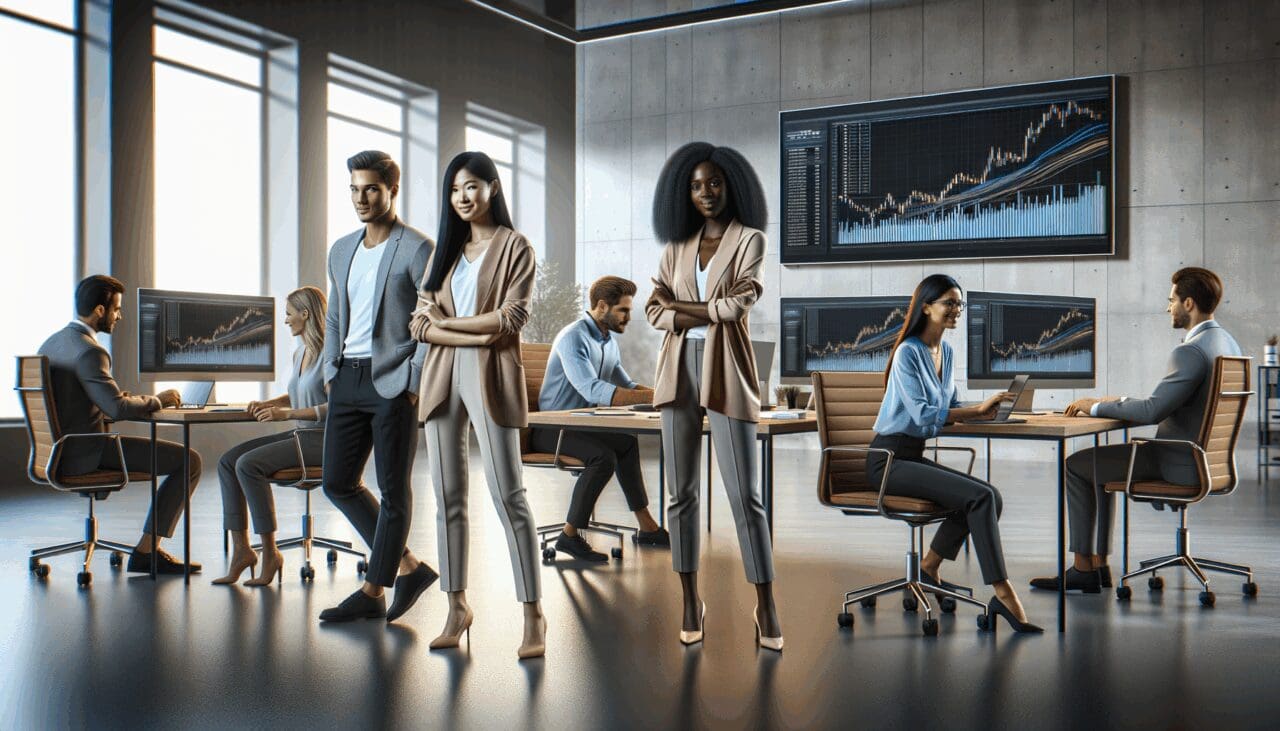 Equipo multicultural colaborando en una oficina moderna con pantallas que muestran gráficos financieros.