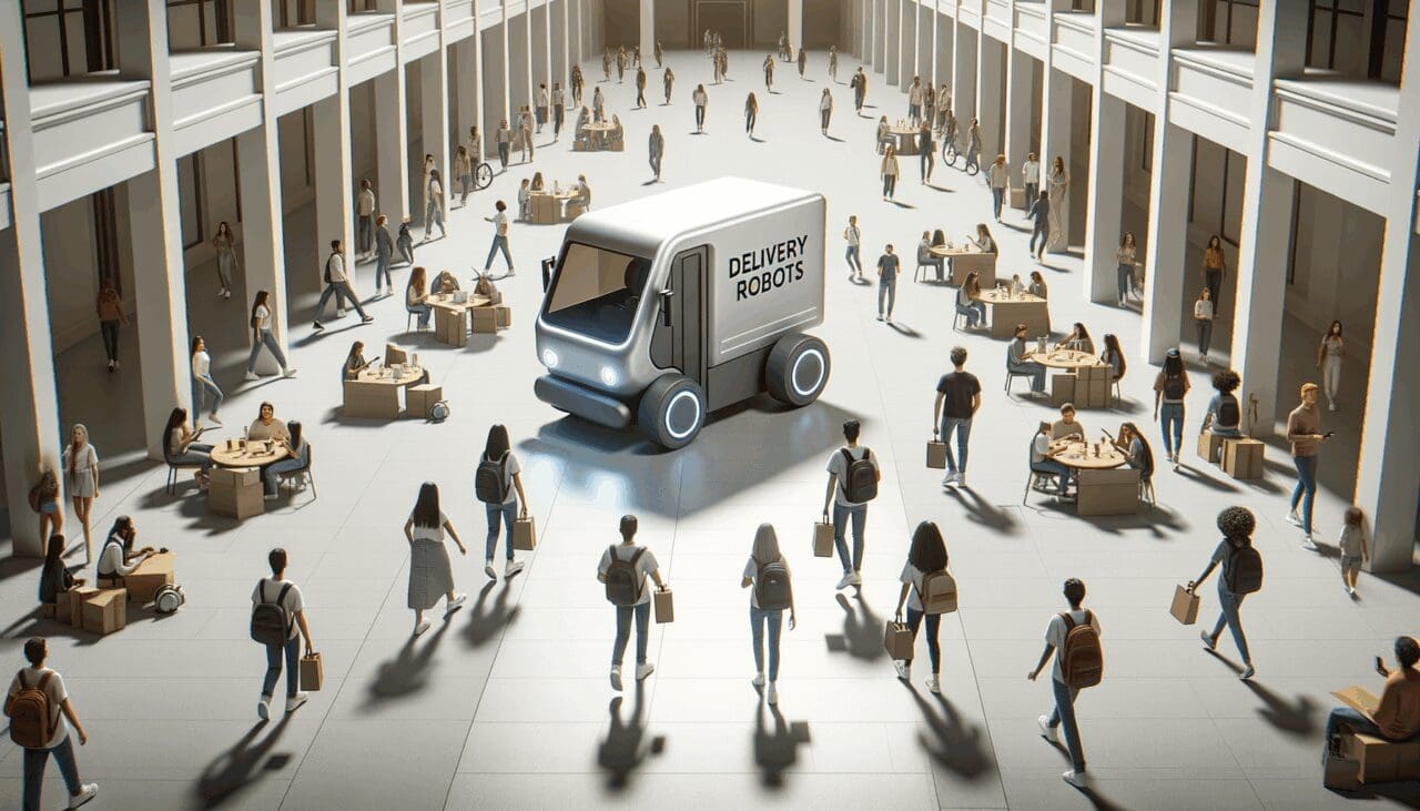 Robots de reparto circulando por senderos amplios en un campus universitario con estudiantes alrededor.