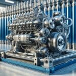 Primer plano de un motor mecánico adaptado, con fondos industriales y tubos de hidrógeno azules metálicos.