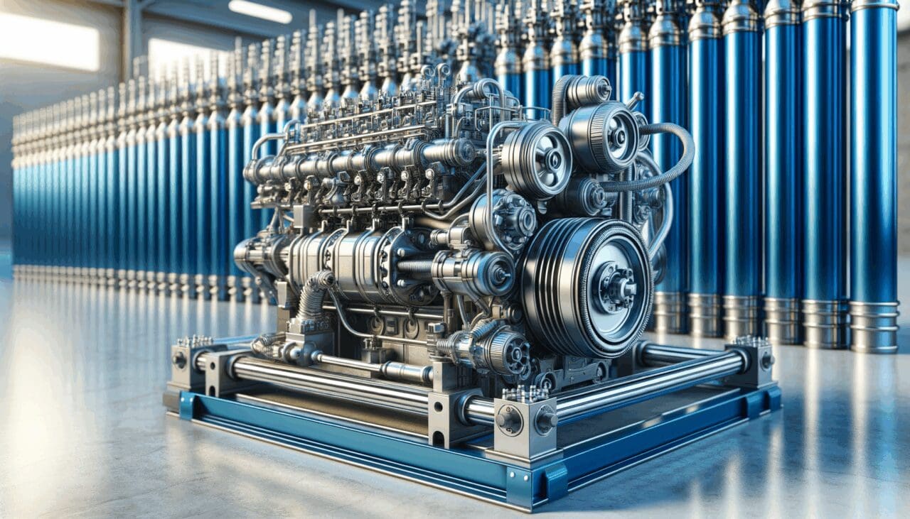 Primer plano de un motor mecánico adaptado, con fondos industriales y tubos de hidrógeno azules metálicos.