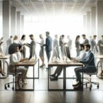 Un equipo colaborando frente a pantallas digitales en un espacio de cowork moderno y luminoso.