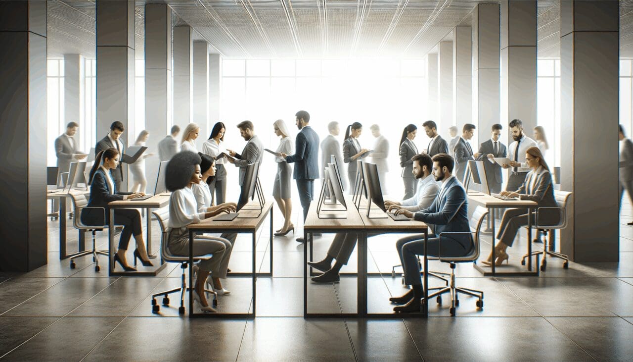 Un equipo colaborando frente a pantallas digitales en un espacio de cowork moderno y luminoso.