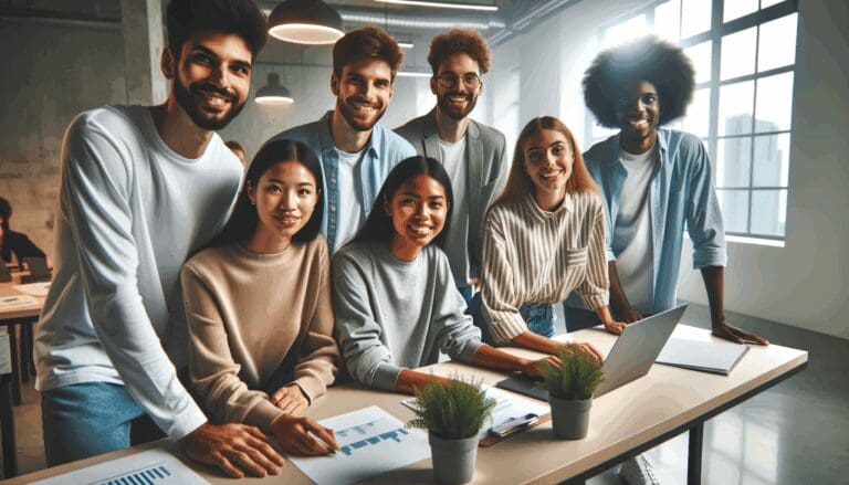 Jóvenes emprendedores colaborando en un espacio de coworking moderno.