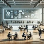 Salón de eventos moderno con emprendedores dialogando y pantallas mostrando gráficos tecnológicos.