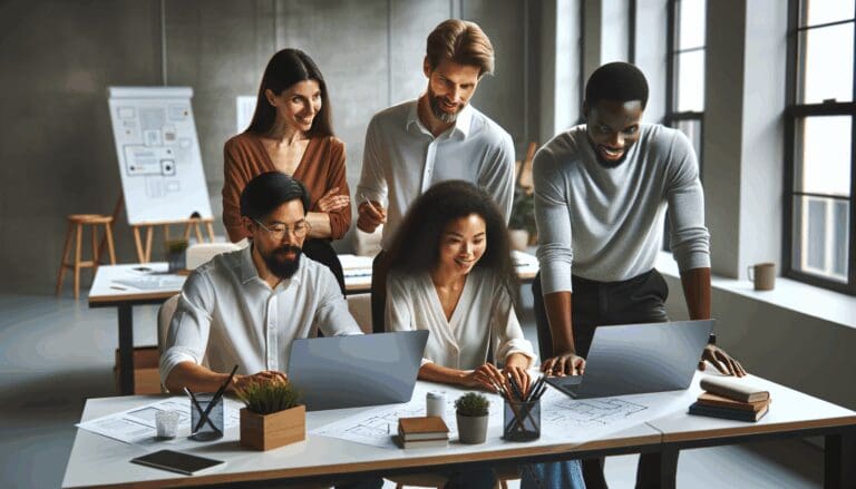 Grupo diverso de emprendedores colaborando en un espacio de coworking moderno, rodeados de laptops y pizarras.