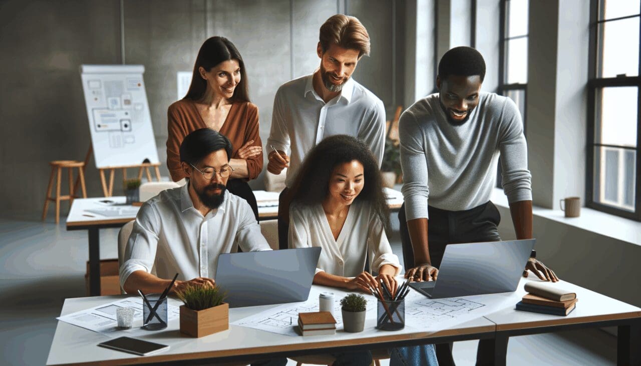 Grupo diverso de emprendedores colaborando en un espacio de coworking moderno, rodeados de laptops y pizarras.